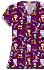 TF796 Tooniforms 2 Pocket V-Neck Print Top by Cherokee - But Coffee First