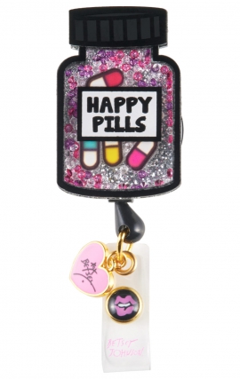 BA156 Betsey Johnson Retractable Shaker Badge Reel by koi - Happy Pill Bottle