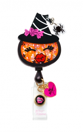 BA156 Betsey Johnson Retractable Shaker Badge Reel by koi - Witch Pumpkin