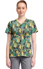 TF796 Tooniforms 2 Pocket V-Neck Print Top by Cherokee - Tropical Roar