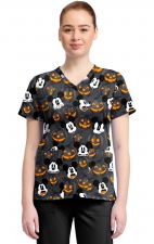 TF796 Tooniforms Haut Imprimé à Col en V avec 2 Poches par Cherokee - Scaredy Pumpkin