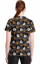 TF796 Tooniforms Haut Imprimé à Col en V avec 2 Poches par Cherokee - Scaredy Pumpkin