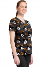 TF796 Tooniforms Haut Imprimé à Col en V avec 2 Poches par Cherokee - Scaredy Pumpkin