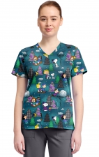 TF796 Tooniforms 2 Pocket V-Neck Print Top by Cherokee - Winter Forest