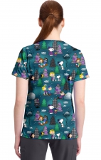 TF796 Tooniforms 2 Pocket V-Neck Print Top by Cherokee - Winter Forest
