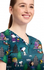 TF796 Tooniforms 2 Pocket V-Neck Print Top by Cherokee - Winter Forest