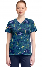 TF796 Tooniforms 2 Pocket V-Neck Print Top by Cherokee - Tinker Bell Flight