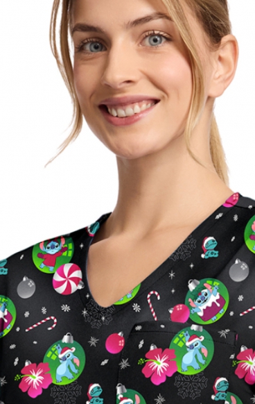 TF797 Tooniforms Tuckable Print Top with Chest Pocket by Cherokee - Baubles and Bulbs