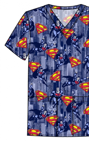 *FINAL SALE TF788 Tooniforms Men's Print 2 Pocket V-Neck Top by Cherokee Uniforms - Metropolis Force