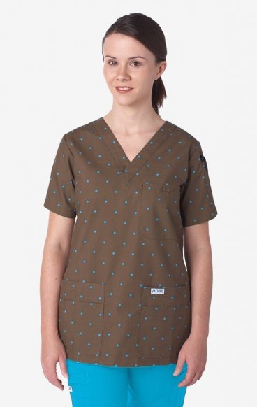 *FINAL SALE 320T Brown Polka Dot MOBB V-Neck Print Scrub Top