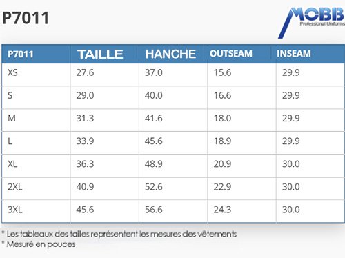 Tableau des tailles MOBB P7011