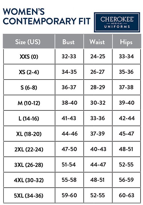 CHEROKEE WOMEN TRADITIONAL CLASSIC FIT SIZE CHART