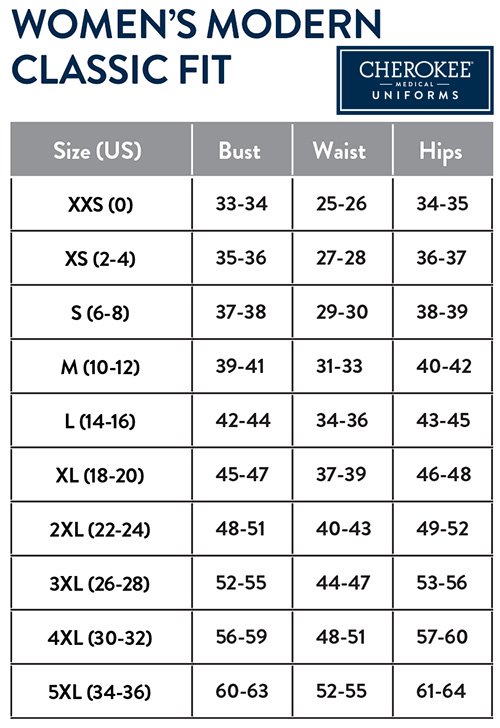 CHEROKEE WOMEN TRADITIONAL CLASSIC FIT SIZE CHART