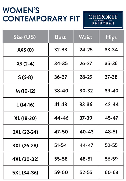 CHEROKEE WOMEN TRADITIONAL CLASSIC FIT SIZE CHART