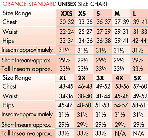 Orange by koi Unisex Medical Uniforms Canada - Size Chart