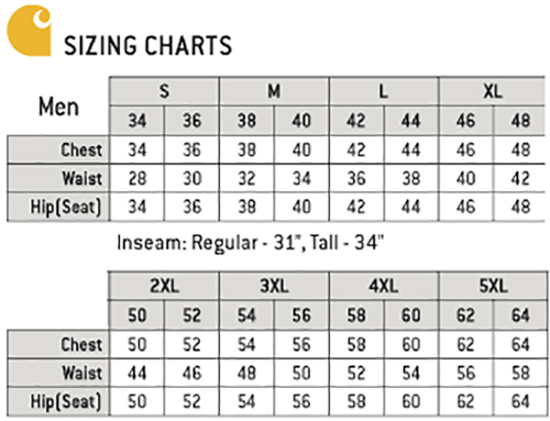 Carhartt Unisex Medical Uniforms Canada - Size Chart